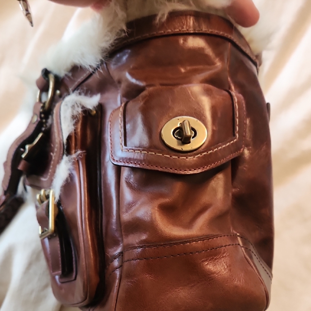 Coach Brown Leather Shoulder Bag with Faux Fur - Picture 5 of 8